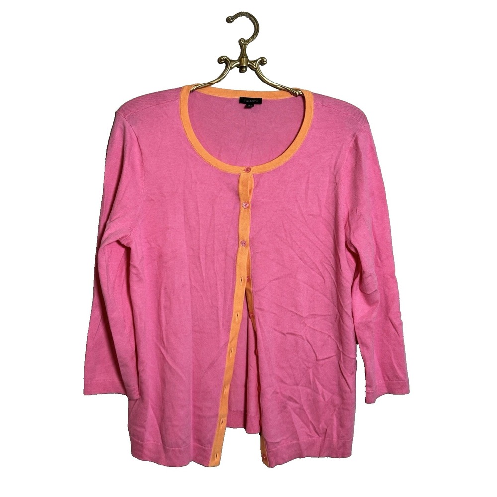 Talbots Womens Pink Orange Contrast Trim Button Up Cardigan Sweater Size L